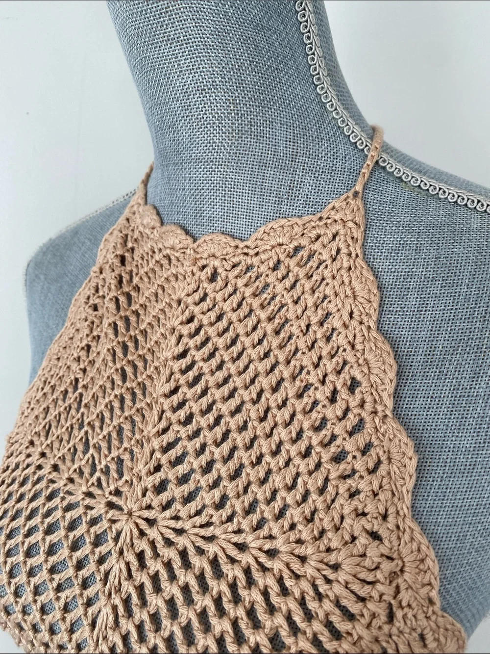 Forever 21 Beige Crochet Knit Halter Mini Dress Swim Coverup Beach Festival
